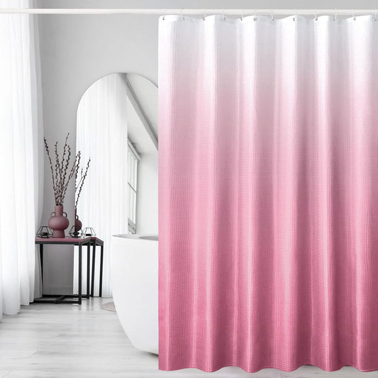 Gibelle Pink Shower Curtain, Ombre Fabric Shower Curtains for Bathroom, Waffle Weave Textured Bathroom Curtain with Hooks, Water Repellent and Machine Washable, 72 x 72