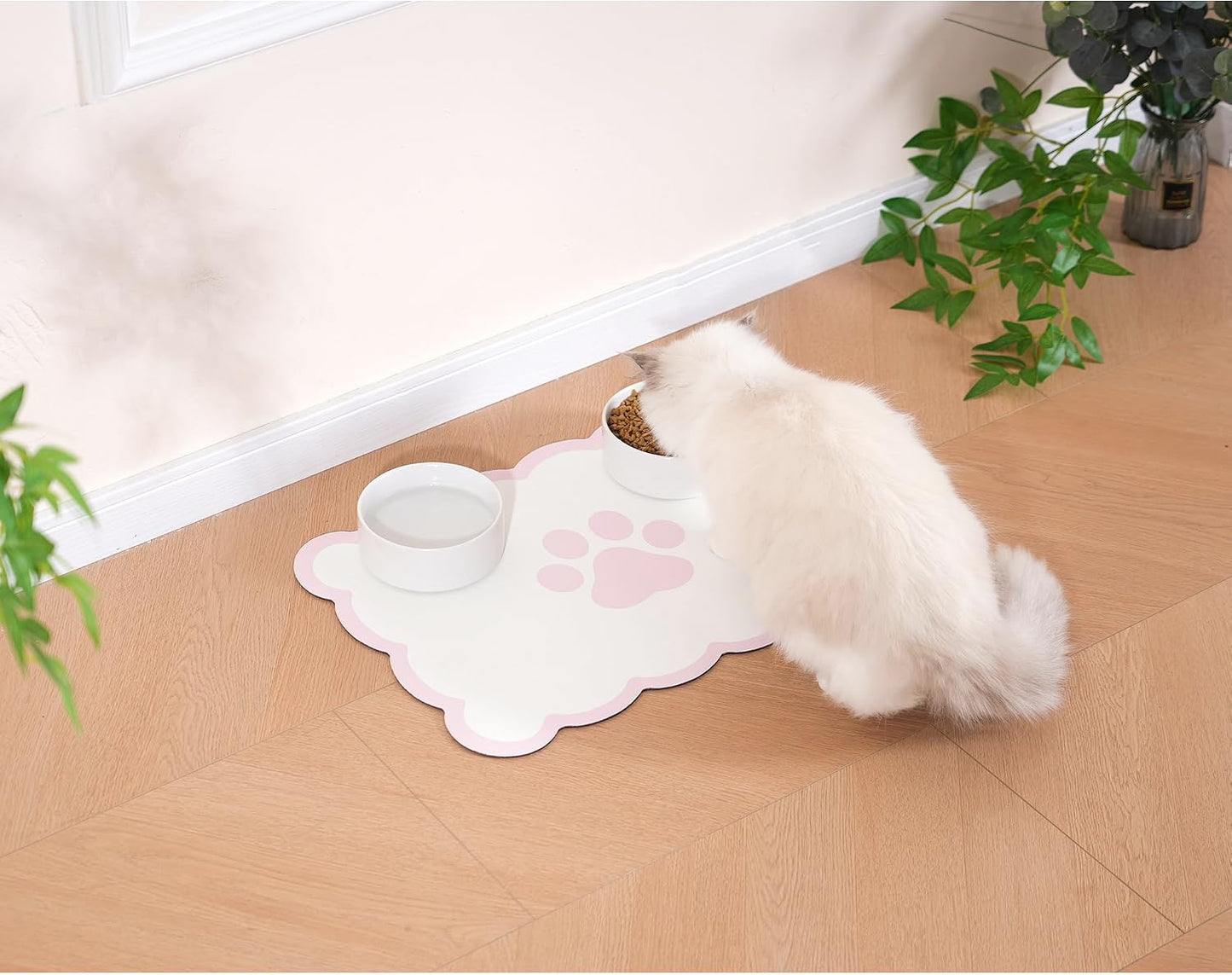 Scalloped Dog Feeding Mat, Absorbent Mats for Dog Food and Water Bowl, Dispenser, Cute Elegant Aesthetic Preppy Pastel Pink Scallop Pet Placemat for Dogs, Cats, Puppy Accessories, 14" X 19”