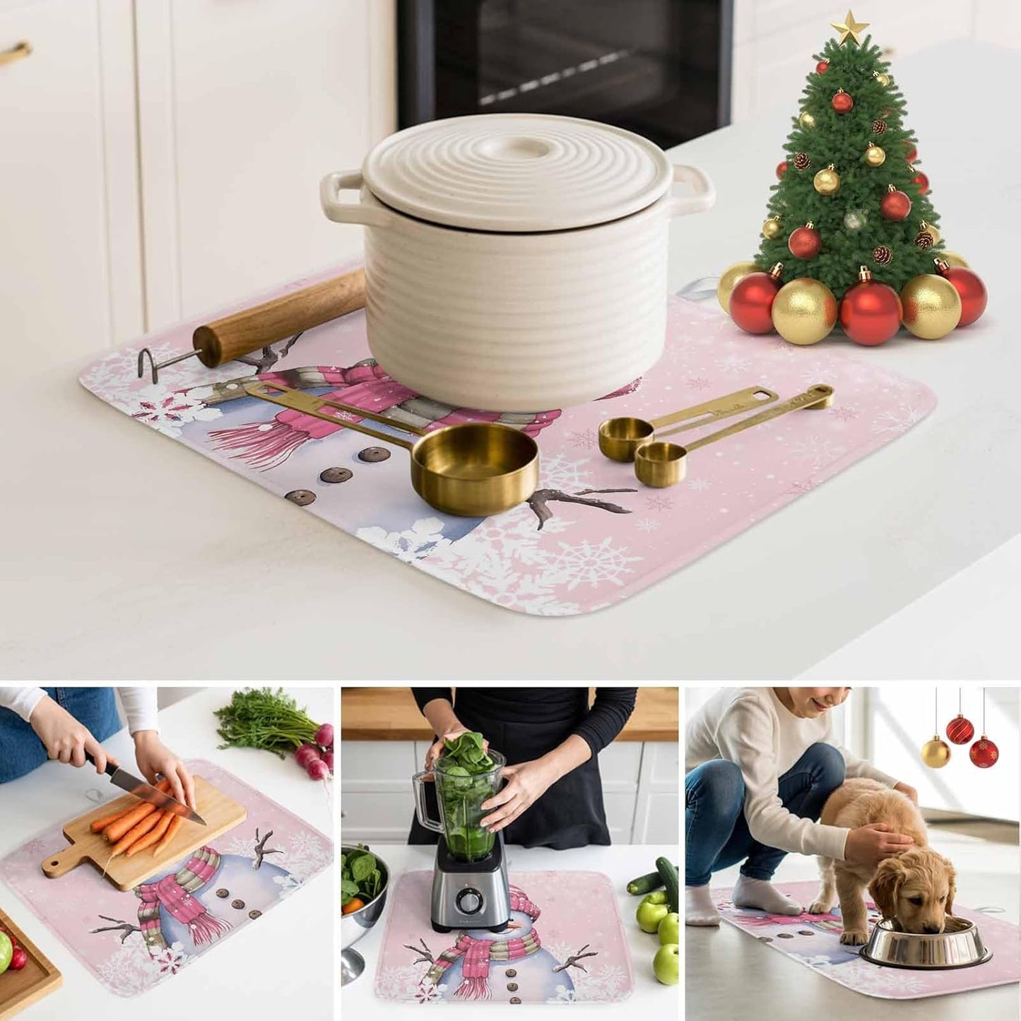 Christmas Pink Snowman Dish Drying Mat Absorbent Drying Matt Kitchen Counter Mats Pink White Snowflake Quick Dry Dishes Drainer Christmas Decorations 18x24 Inch