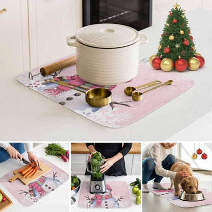 Christmas Pink Snowman Dish Drying Mat Absorbent Drying Matt Kitchen Counter Mats Pink White Snowflake Quick Dry Dishes Drainer Christmas Decorations 18x24 Inch