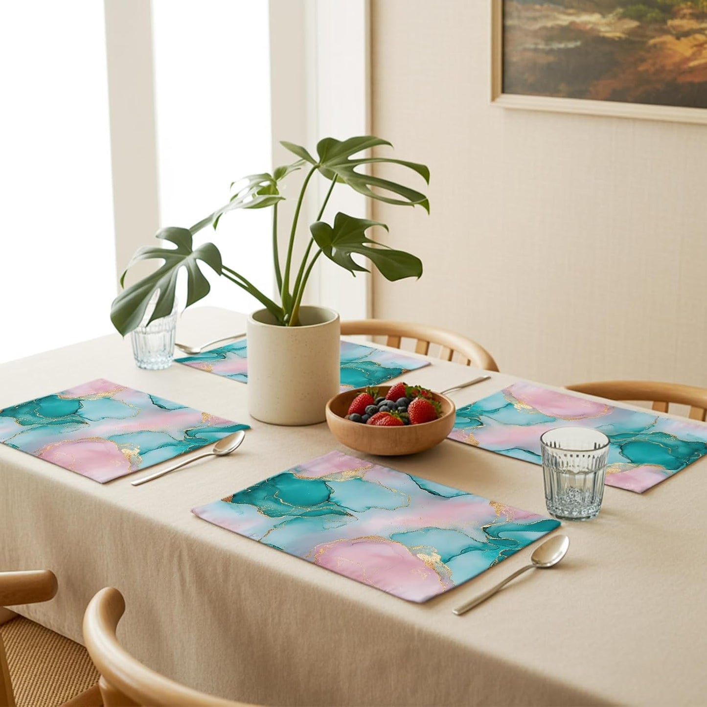 Water Pink Marble Placemat Set of 4 Non-Slip Placemats for Dining Table Abstract Style Washable Table Mats, Heat Resistant Kitchen Table Mats for Party, Dining Room & Home Decor