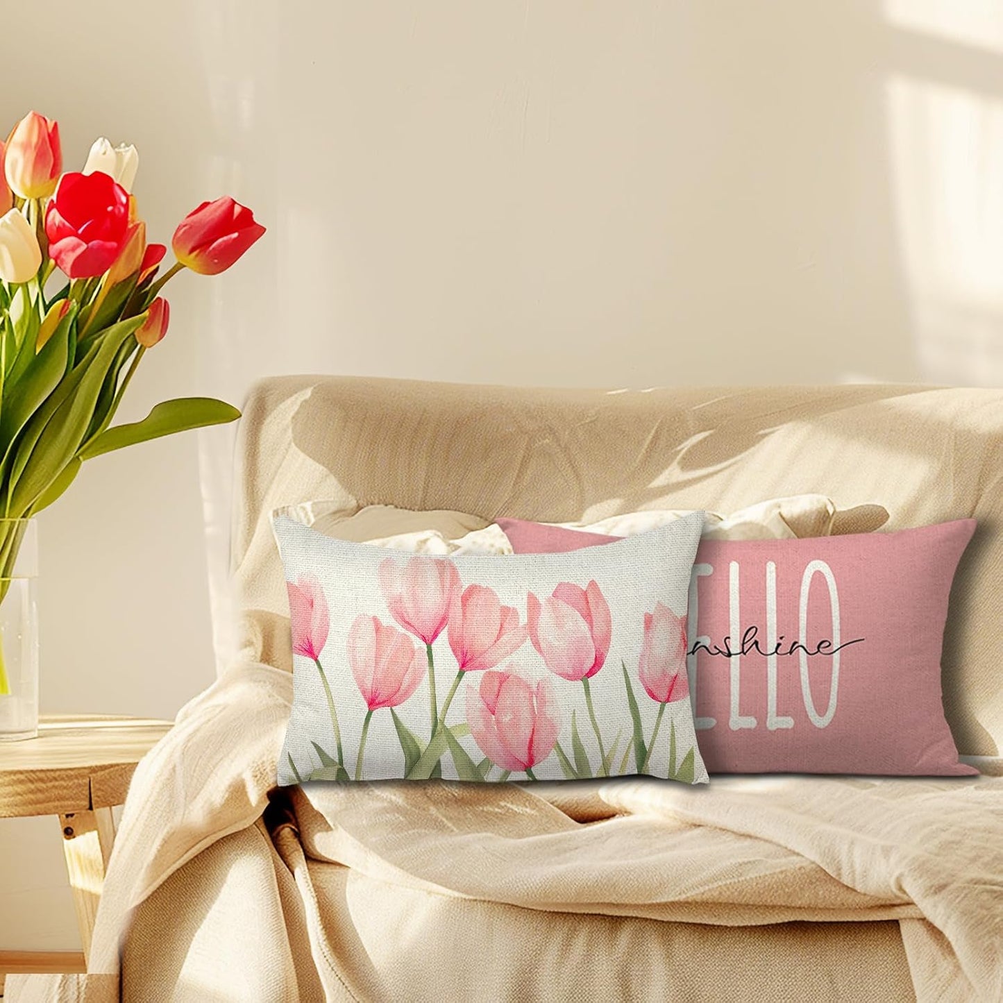 Pillow Covers 18x18 Set of 4 Tulip Home Sweet Home Pink Throw Pillows Decorative Pillow Cases Hello Summer Spring Seasonal Farmhouse Decorations for Sofa Couch