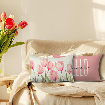 Pillow Covers 18x18 Set of 4 Tulip Home Sweet Home Pink Throw Pillows Decorative Pillow Cases Hello Summer Spring Seasonal Farmhouse Decorations for Sofa Couch