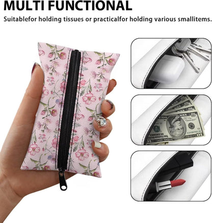 Flashideas Pink Flower Tissue Holder Reusable Travel Tissue Pouch Fabric Purse Zipper Enclosed Pouches Tissue Holder for Purse Coins for Bag Car Office Home