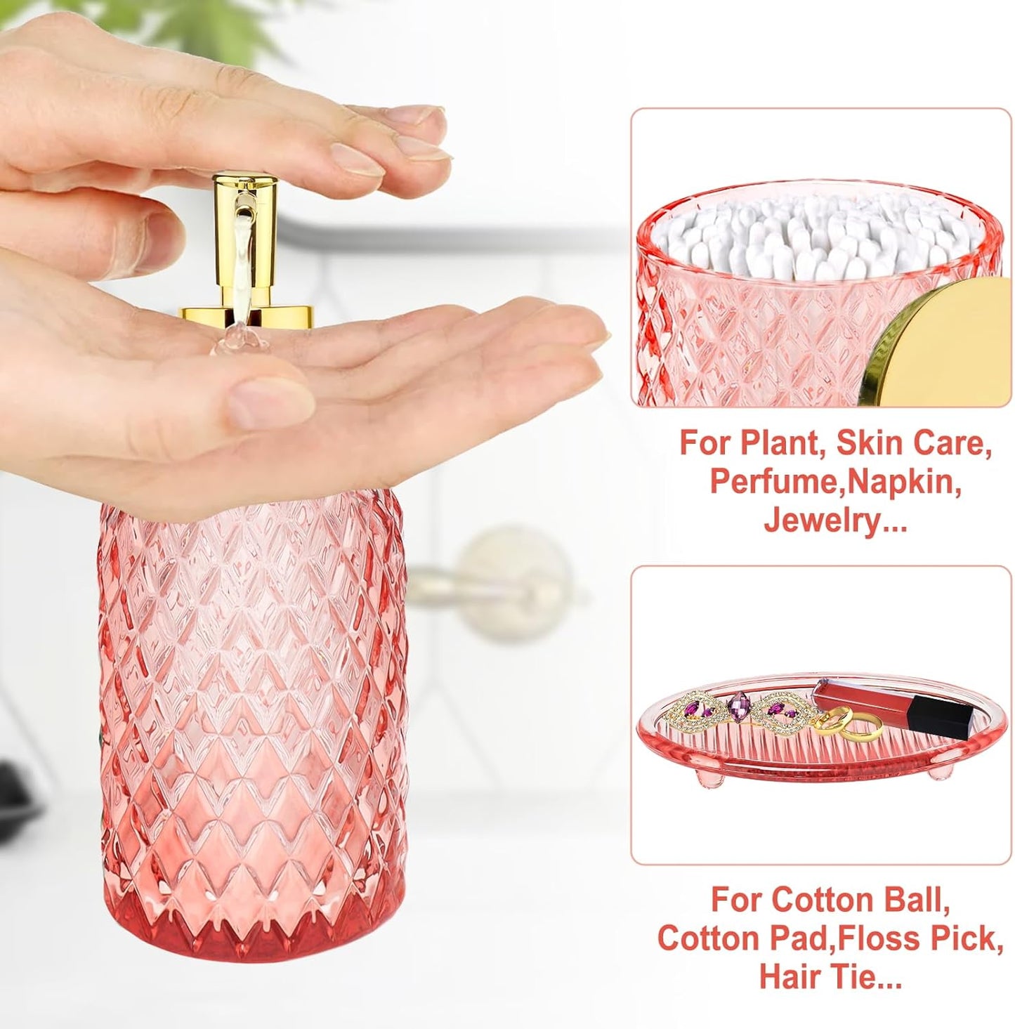 Haturi Pink Bathroom Accessories Set, 4 Pcs Glass Bathroom Accessory Set Complete w/Soap Dispenser, Toothbrush Holder, Qtip Holder, Vanity Tray, Gold Bathroom Set Decor, Gift for Girl Home Apartment
