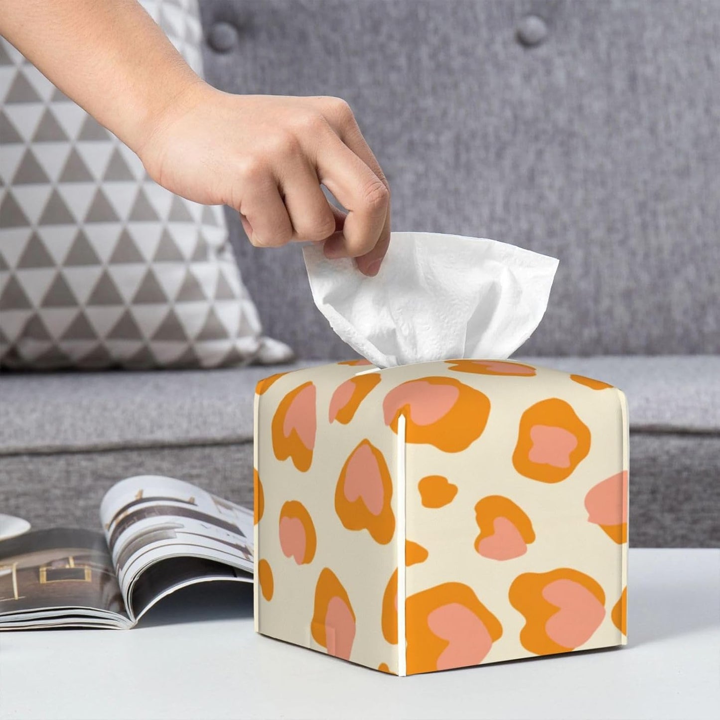 Peach Orange Spots Pink Leopard Pattern Tissue Box Cover Square Pu Leather Waterproof Tissue Box Holder for Car Bathroom Bedroom Office Tabletop Decor