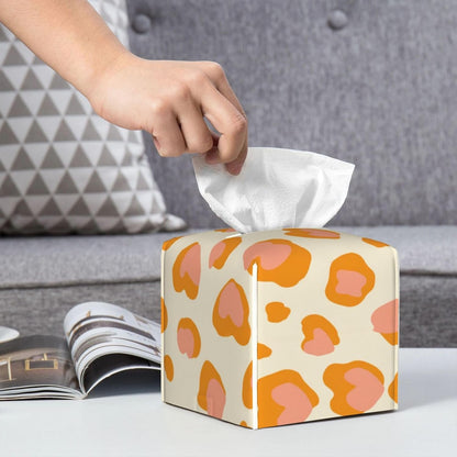 Peach Orange Spots Pink Leopard Pattern Tissue Box Cover Square Pu Leather Waterproof Tissue Box Holder for Car Bathroom Bedroom Office Tabletop Decor