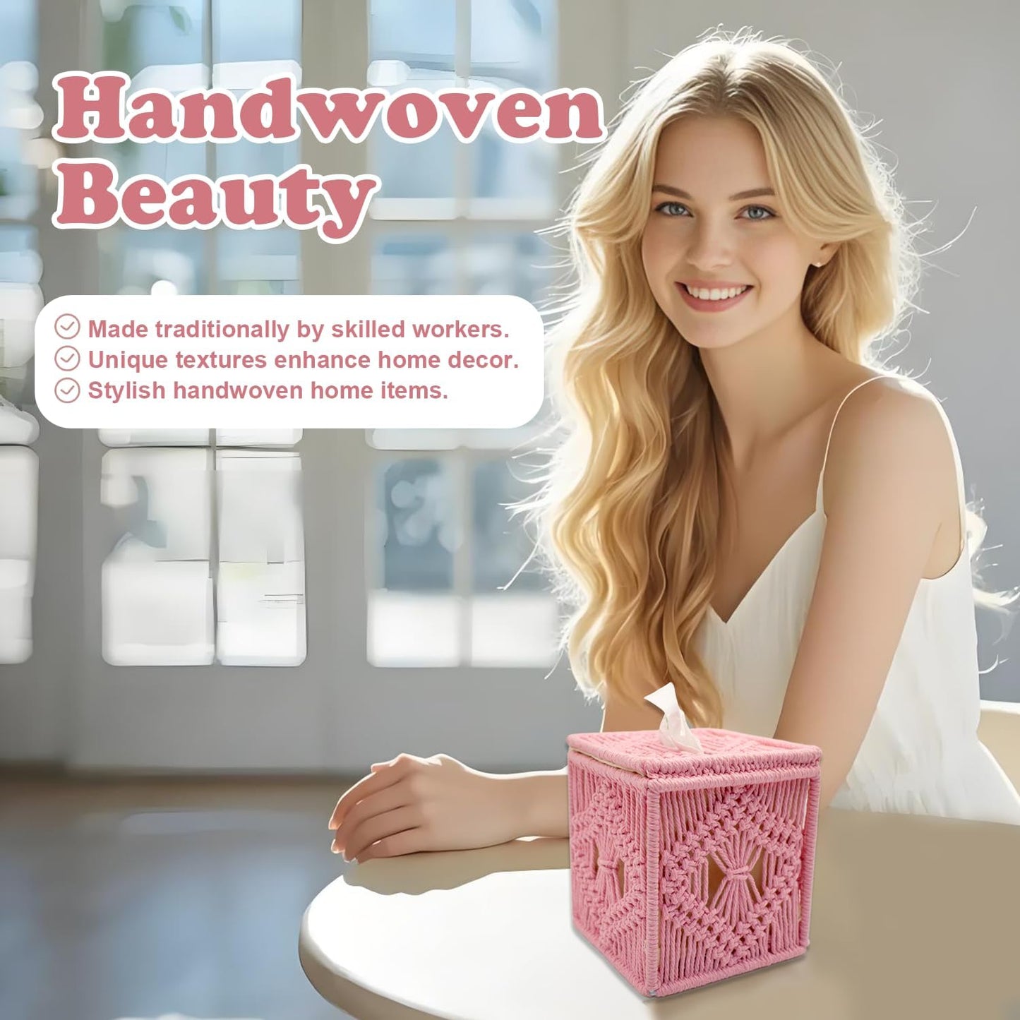Handwoven Macrame Tissue Box Cover Boho Square Cute, Decorative Holder for Bathroom, Bedroom, Office with Flip-Top Lid & Closed-Bottom Design, 5.5"x5.5"x6" (Pink)