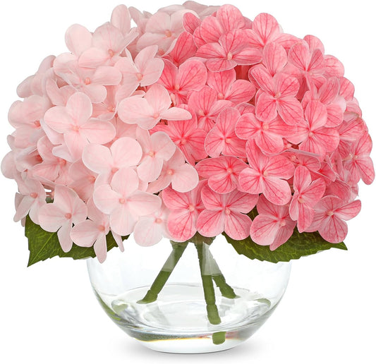 Ture Touch Artificial Hydrangea Flowers Arrangement in Glass Vase with Faux Water, Real Touch Soft Petals Pink Mixed Color Fake Flower Centerpiece for Dining Table Wedding Party, Farmhouse Home Decor