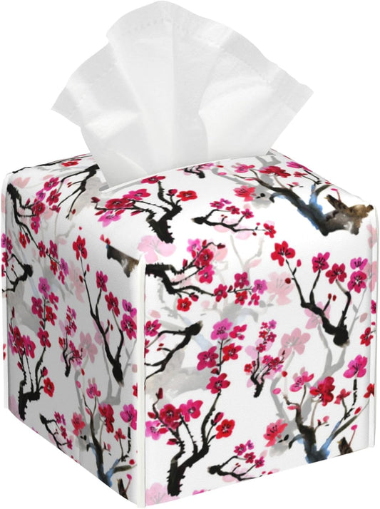 Leather Tissue Box Holder Pink Blooming Flowers Tissue Box Cover Square Waterproof Tissue Holder Organizer Modern Napkin Holder for Bedroom Dresser Night Stand Office Desk