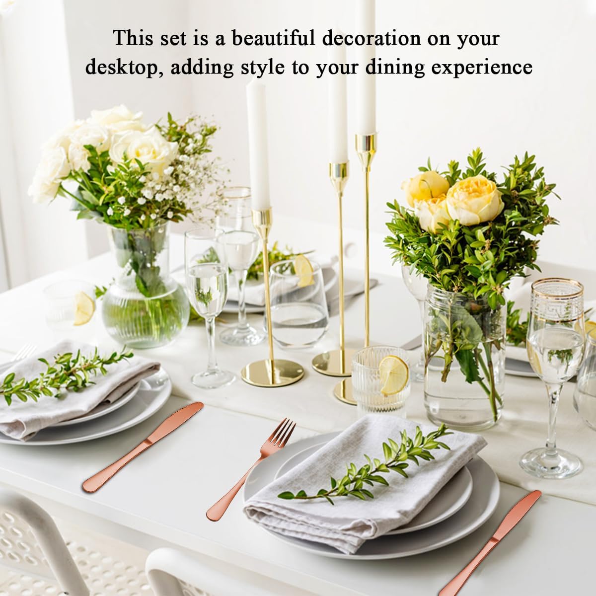 Evanda Rose Gold Dinner Knives Set - 12 Pieces Titanium Plating Stainless Steel Steak Knife Set, Table Flatware Cutlery, Butter Knife, Dishwasher Safe