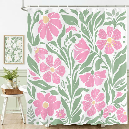 Mocsicka Boho Flower Shower Curtain Aesthetic Floral Shower Curtains for Bathroom Modern Abstract Bathroom Decor Waterproof Funky Cute Bath Curtain with Hooks (Pink, 71x71 inch)