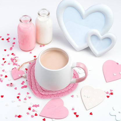 Whaline Valentine's Day Heart Coasters Pink Love Heart Shape Handmade Braided Cotton Drink Coasters Absorbent Cup Mats with Holder for Mother's Day Wedding Birthday Party Housewarming Gift, 4Pcs