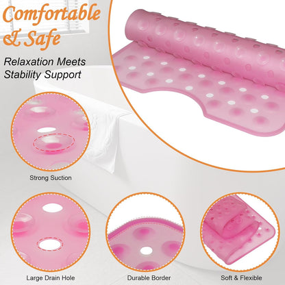 Bathroom Tub Mat Non Slip 35.4'' x 15.7'', Non Slip Bath Mat for Shower, Drain Holes Keep Bathtub Clean, Machine Washable Soft Silicone, Comfortable Underfoot Design for Shower, Clear Pink