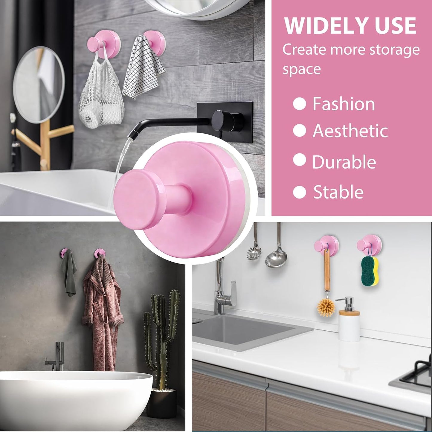 Suction Cup Hooks for Shower, 2 PCS No-Drill Towel Holder for Bathrooms Wall, Glass Door, Mirror, Tiles, Kitchen, Hold Robe & Wreath, Hanging up to 15 lbs – Waterproof & Rustproof, Pink