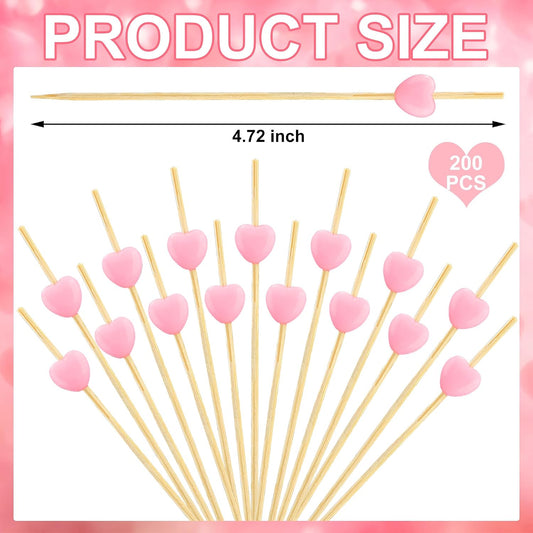 200PCS Pink Heart Cocktail Picks 4.7" Long Heart Shaped Bamboo Toothpicks for Appetizers Fruit Valentines Natural Bamboo Food Stick Skewer for Valentines Day Birthday Wedding Decoration Party Supplies