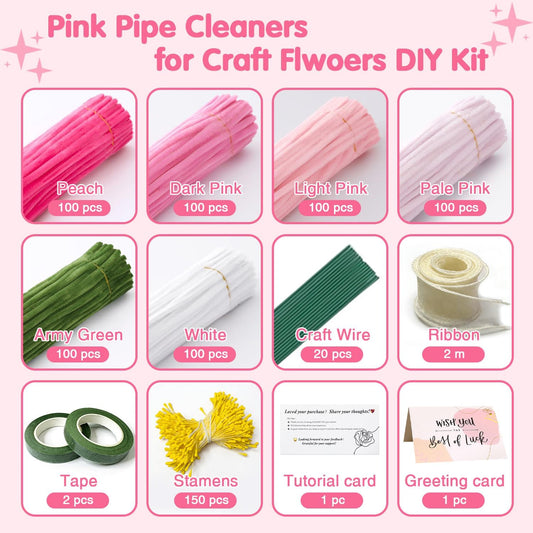 AHAMETON 620Pcs Pastel Pink Pipe Cleaner Flower Kit, 6 Colors Bulk Pipe Cleaners Craft Supplies with Wires, Stamens, Ribbon, Tapes, Card, DIY Flower Making for Gifts Home Decor, Party & School Crafts