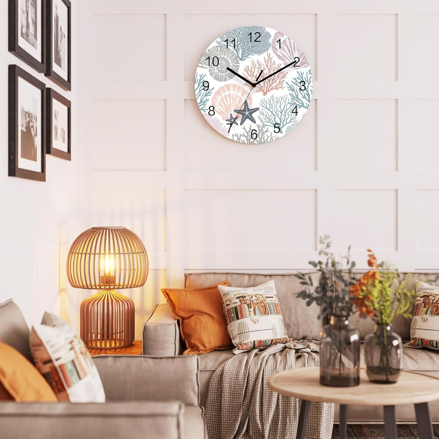Underwater World Wall Clock Battery Operated Non-Ticking 10" Round Wood Clocks, Marine Life Starfish Coral Shell Pink Kitchen Wall Clock for School Bathroom Living Room Home Office Wall Decor