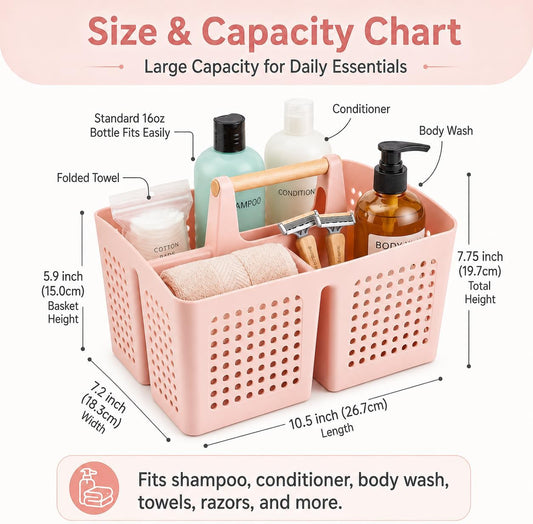 Portable Shower Caddy Basket with Wood Handle, 3-Compartment Bathroom Organizer Tote with Drain Holes, Plastic Shower Basket for Dorm, Toiletries, Cleaning Supplies, Pink