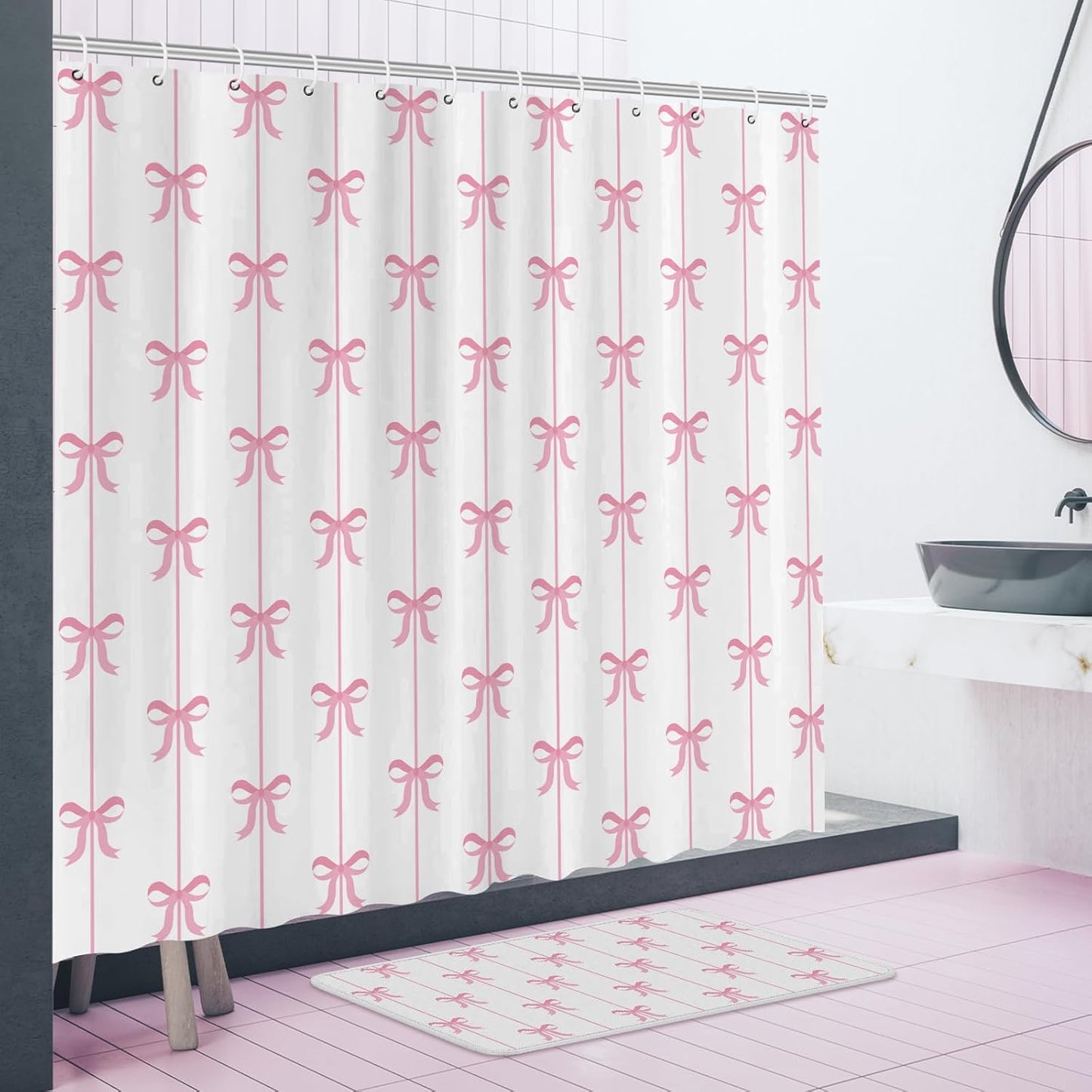 4 Pcs Bow Shower Curtain Set Cute Coquette Bathroom Decor Bow Knot Aesthetic Girly Shower Curtain Set with Non-Slip Rug Toilet Lid Cover Bath Mat and 12 Hooks(White Background,Pink)