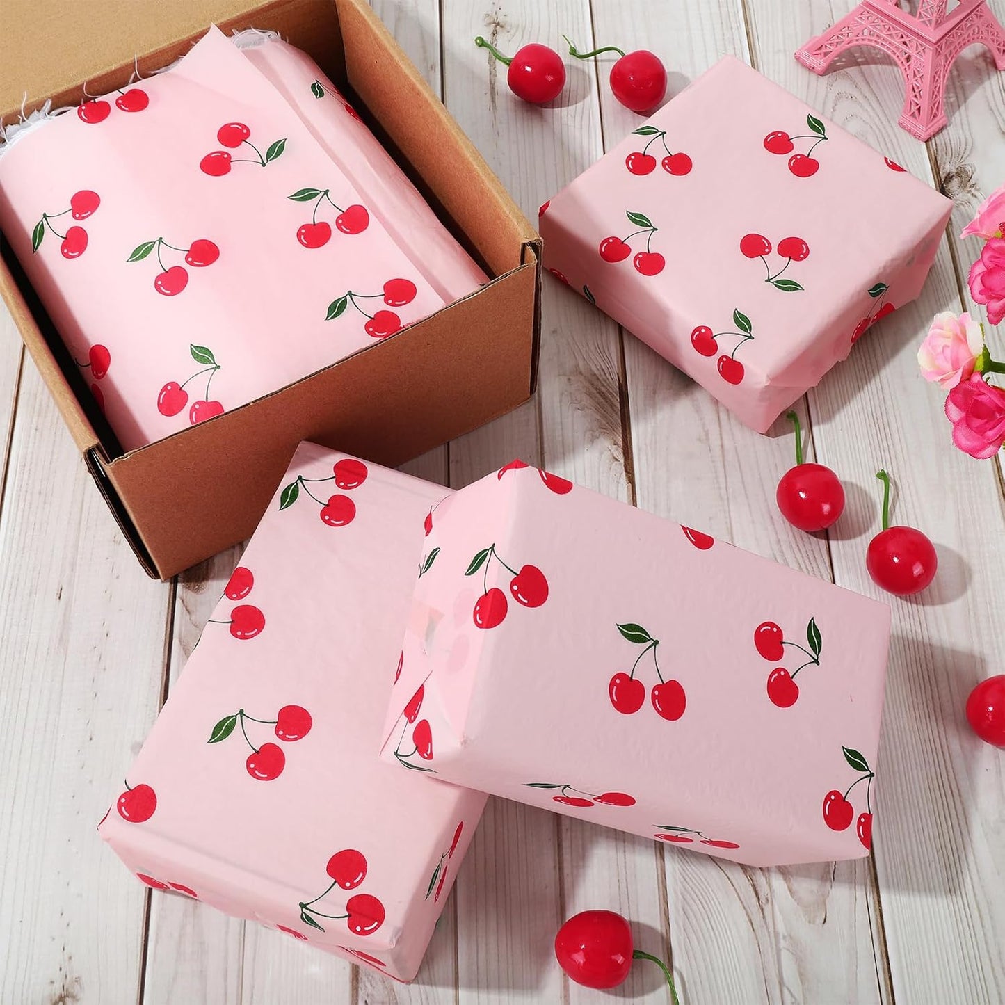 JarThenaAMCS 100 Sheets Cherry Tissue Paper Pink Gift Wrapping Paper Summer Fruit Decorative Art Tissue for DIY Crafts Small Business Birthday Party Decor, 14 x 20 Inch