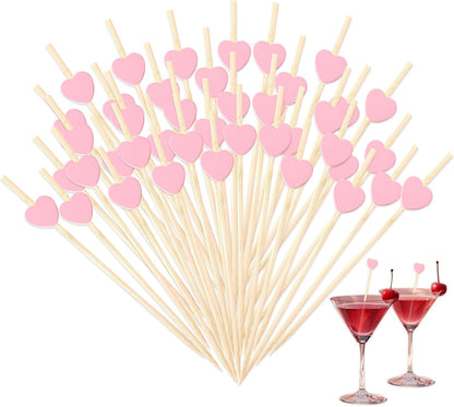 Pink Heart Cocktail Picks, 100Pcs Heart Toothpicks for Appetizers, 4.7 Inch Long Bamboo Cocktail Sticks Skewers Food Fruit Toothpicks Dessert Charcuterie for Galentines Valentines Day Party Decoration