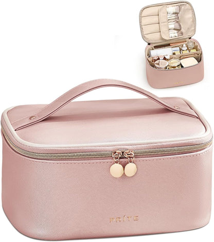 Prite Makeup Bag, Large Capacity Cosmetic Bag for Women and Girls, Waterproof PU Leather Travel Makeup Case, Toiletry Organizer with Handle and Divider for Skincare and Brushes - Pearl Pink