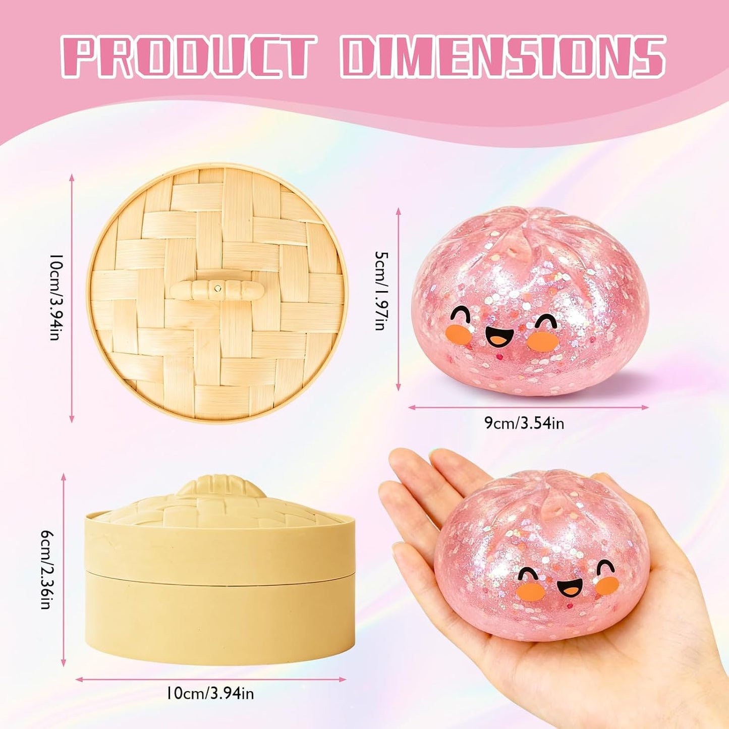 Glitter Dumpling Squishy Box Real Squishy Dumplings Squishies Fidget Toys Adults & Teens Large Adults Anxiety Relief Squeeze Toy for Boys Girls Easter Basket Stuffers (Pink)