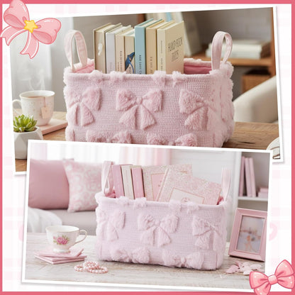 2 Pcs Pink Bow Storage Baskets 14x10'' Back to School Gift Baskets Foldable Fluffy Laundry Storage Bin with Handle Coquette Closet Organizer for Preppy Dormitory Countertop Tabletop Shelf