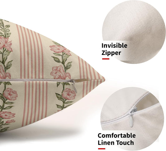Pink Green Floral Pillow Covers 12x20 Set of 2 Spring Vintage Flower Striped Pattern Print Seasonal Decorative Lumbar Throw Pillow Cases Outdoor Neutral Rustic Farmhouse Decoration for Sofa Couch Bed