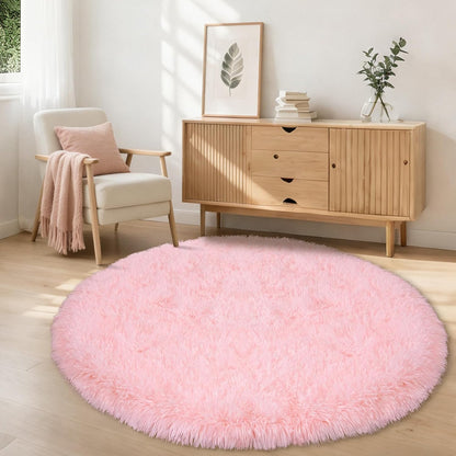 Pink Round Rug for Bedroom: Soft Fluffy Shag Washable Rug Fuzzy Circle Rugs Plush Indoor Carpet for Living Room Nursery Playroom Girls Boys Kids Room (Pink, 4'x4')