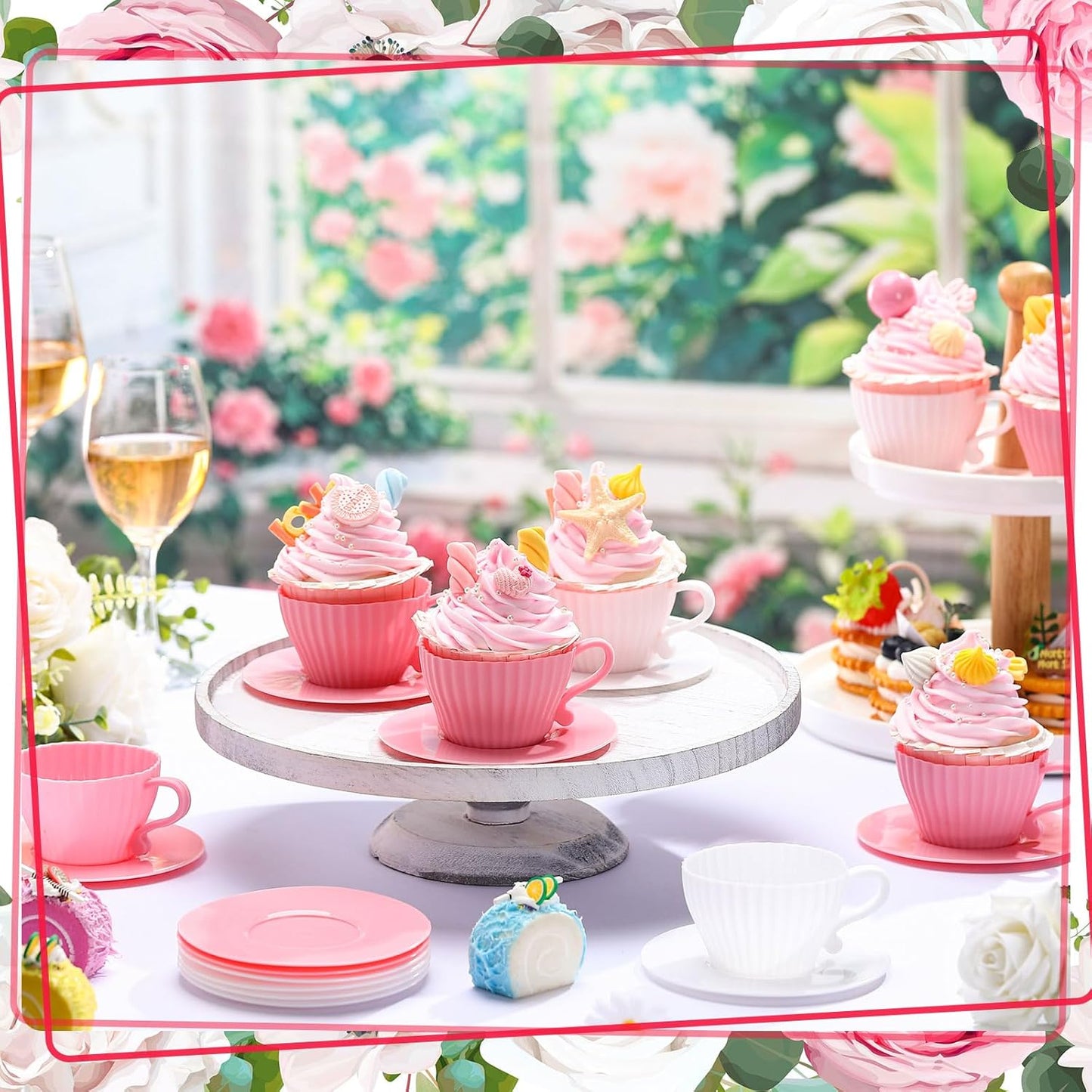 Vesici 24 Pcs Silicone Teacup Cupcake Molds Muffin Cups for Baking, Teacup Cupcake Liners, Reusable Baking Muffin Liners for Bridal Baby Shower Birthday Tea Party, 12 Cups 12 Saucers, White and Pink