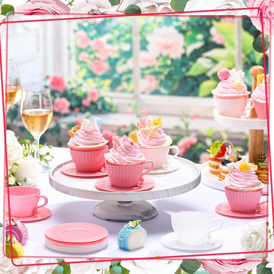 Vesici 24 Pcs Silicone Teacup Cupcake Molds Muffin Cups for Baking, Teacup Cupcake Liners, Reusable Baking Muffin Liners for Bridal Baby Shower Birthday Tea Party, 12 Cups 12 Saucers, White and Pink