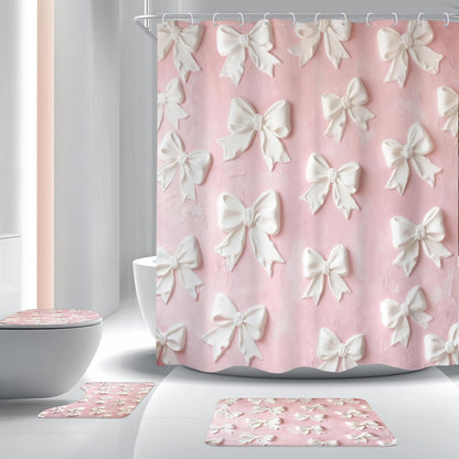 4Pcs Pink White Bow Shower Curtain Set, Vintage Bowknot Oil Painting Bathroom Curtain with Rug, Toilet Lid Cover, Bath Mat, Girly Fashion Pretty Sweet Modern Shower Curtain with 12 Hooks