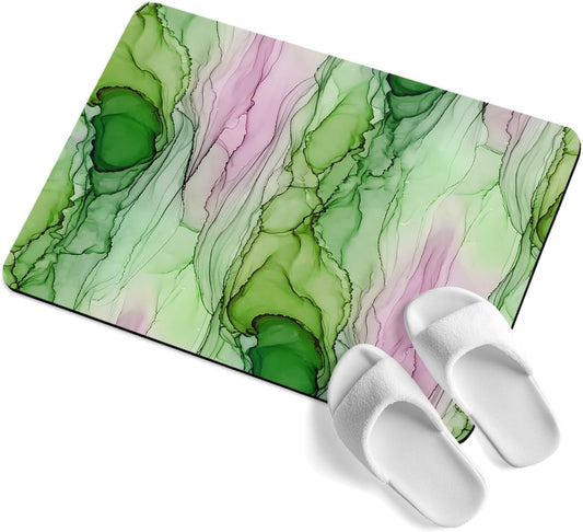 Green Pink Ink Marble Stone Bath Mat, Nautical Water Ripples Abstract 18" x 30" Super Absorbent, Dries Quickly, Non-Slip Diatomaceous Earth Bath Mats for Bathroom Kitchen Laundry