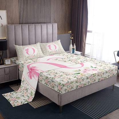 Erosebridal Letter O Bed Sheets Set Twin Peach Blossom Sheet Set Coquette Princess Floral Print Sheets Girly Cute Kawaii Ribbon Bow Rose Flat Fitted Sheet