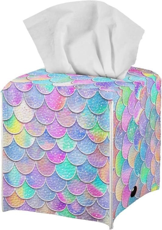 Animal Print Tissue Box Holder for Home Office Desk Tabletop Mermaid Tissue Box Cover Square Facial Paper Holder Nightstand Easy to Clean PU Leather Cube Tissue Box Case Pink