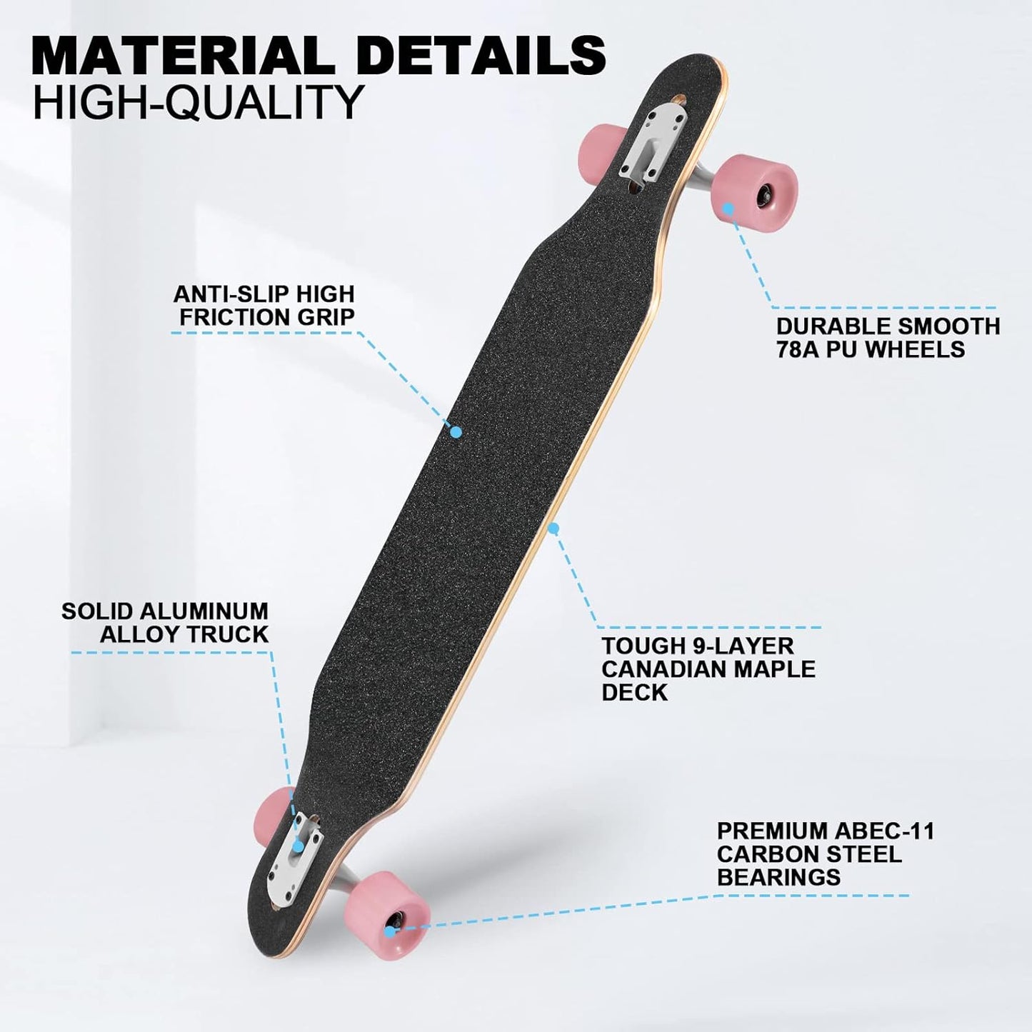Longboard Skateboard, 41 Inch Drop Through Longboard Complete 9-Ply Nature Maple Premium Cruiser Long Board for Adults, Teens and Kids - High-Speed Bearings & T-Tool
