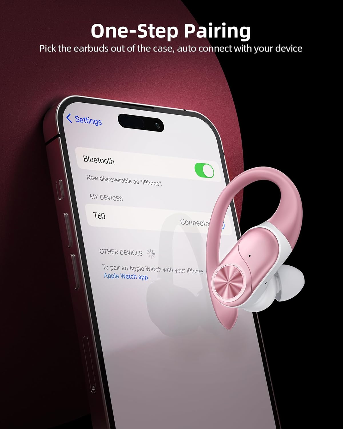 PocBuds Bluetooth Headphones Wireless Earbuds 80hrs Playtime Wireless Charging Case Digital Display Sport Ear Buds with Earhook Deep Bass IPX7 Waterproof Over-Ear Earphones for Phone Laptop Rose Gold