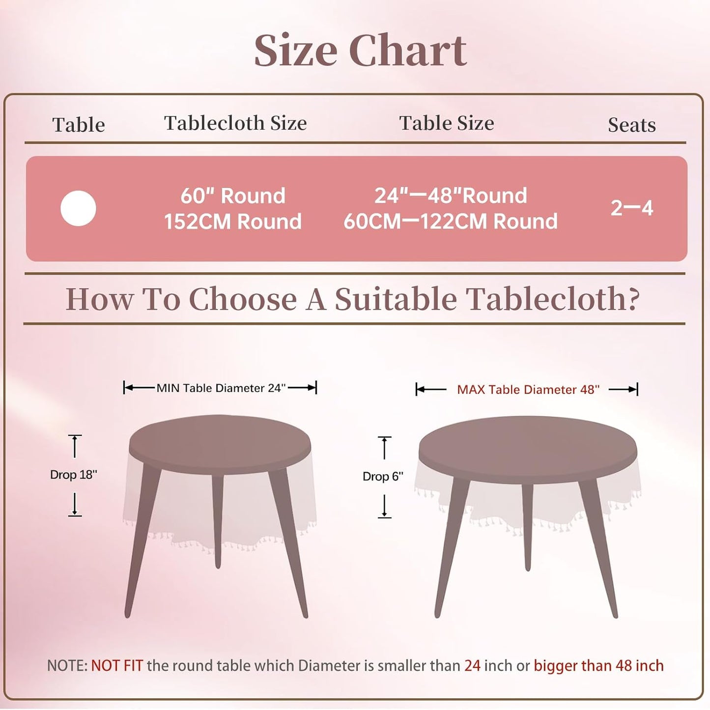 Pink Gingham Tablecloth with Tassels, Cotton Linen Checkered Plaid Table Cloth, Farmhouse Table Cover for Dining Table, Picnic, Baby Shower & Bridal Shower, Washable, 60 Inch Round
