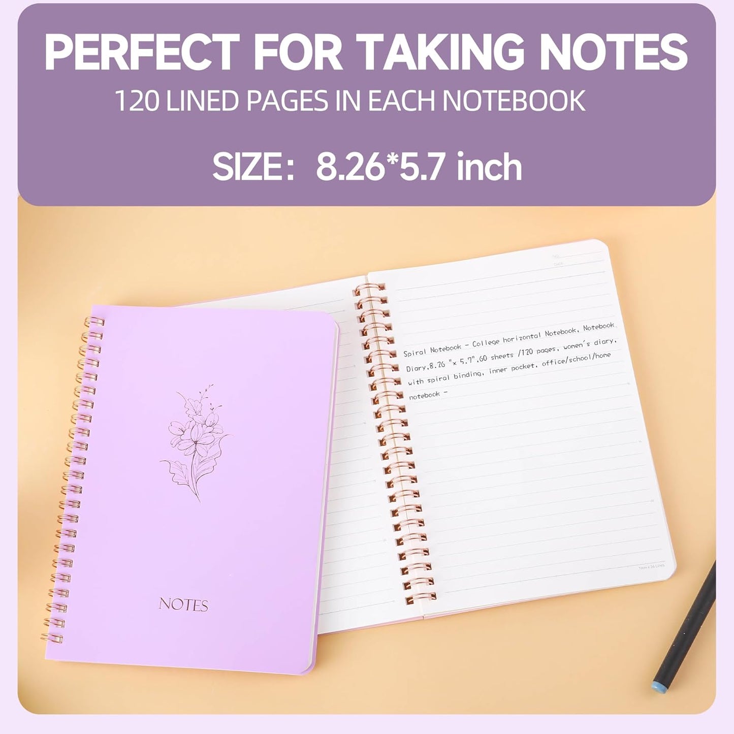 Spiral Notebook 3 Pack - 100GSM Smooth No-Bleed Paper,120 Pages A5 8.26x5.7 Inch, 7mm Ruled Pages, Inner Pocket | Journal Writing, College, Office Meetings (PINK AND PURPLE AND BEIGE)