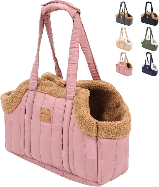 ETIAL Small Dog Carrier Purse, Winter Fleece Warm Dog Tote Bag Carrier with Secure Harness Clip for Puppy Kitten, Waterproof Pet Travel Handbag for Shopping, Hiking and Walking (Pink)