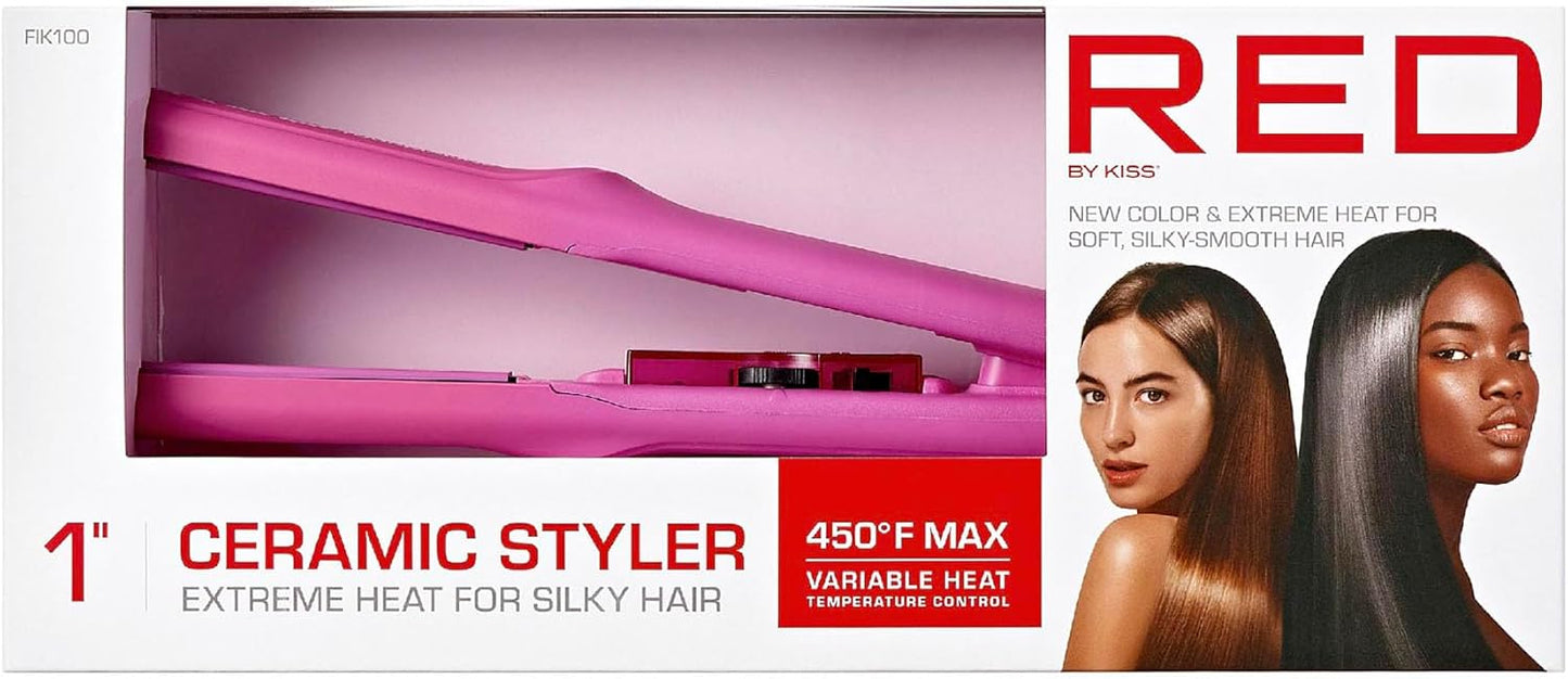Red by Kiss 1" Ceramic Styler Flat Iron, Up to 450 F Variable Heat Settings for Silky Smooth Hair, Professional Ceramic Plates, Tangle-Free Swivel Cord (Pink)