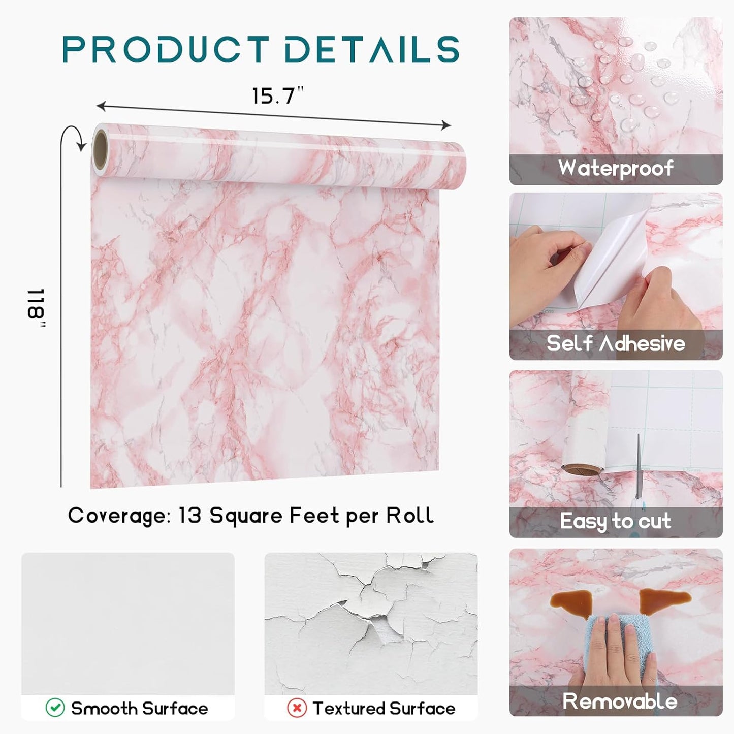 VEELIKE Pink Marble Contact Paper Wallpaper Stick and Peel 15.74 x118.11inches Self Adhesive Removable Waterproof Wall Covering for Table Countertop Cabinet Drawer