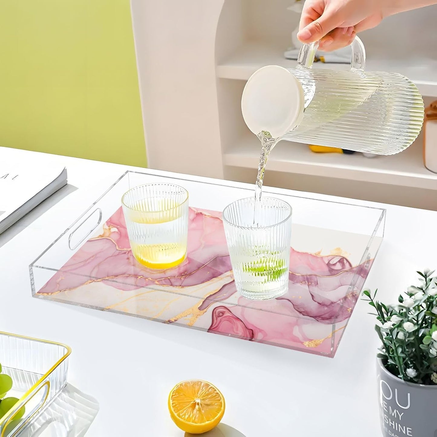 Marble Abstract Pink Gold Serving Tray Acrylic Decorative Trays 16" x 12" Serving Platter with Handles for Coffee Table, Dessert Party, Bathroom Vanity Countertop