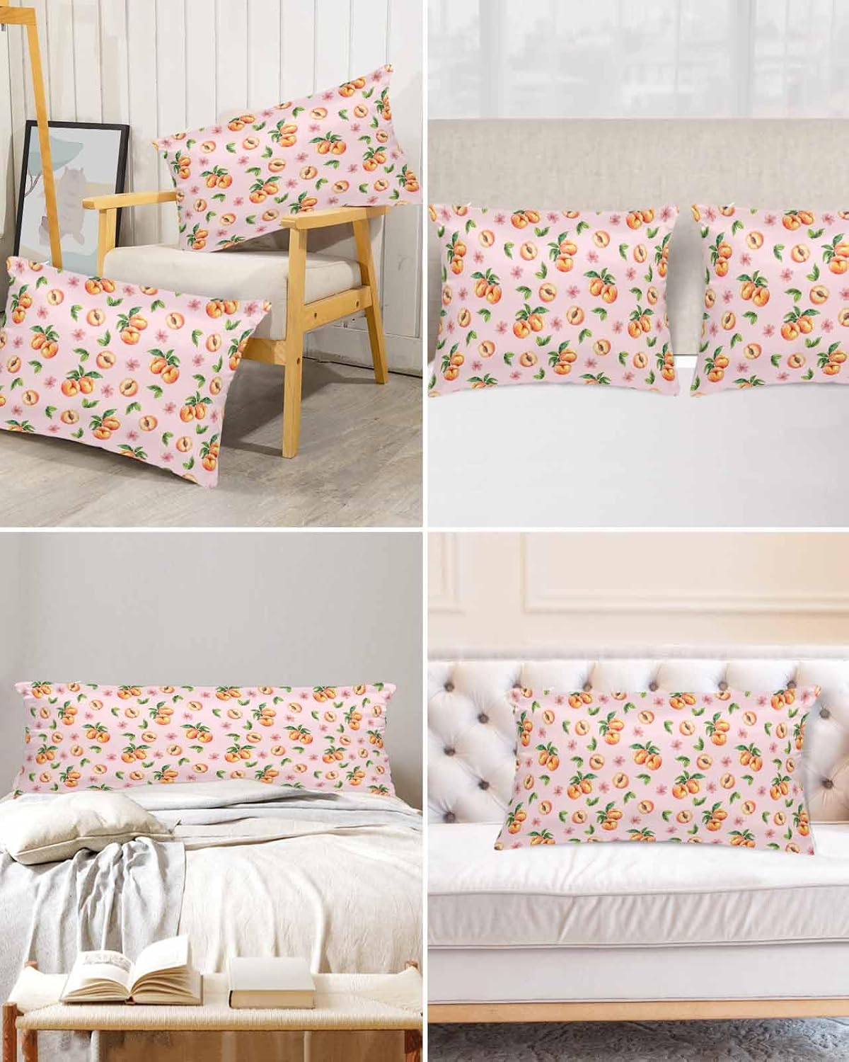 Peaches Pink Satin Pillowcase for Hair and Skin with Zipper, Soft Breathable Cooling Silk Pillow Cases, Summer Fruit Country Flowers Watercolor Throw Pillow Covers King Size 20''x40''