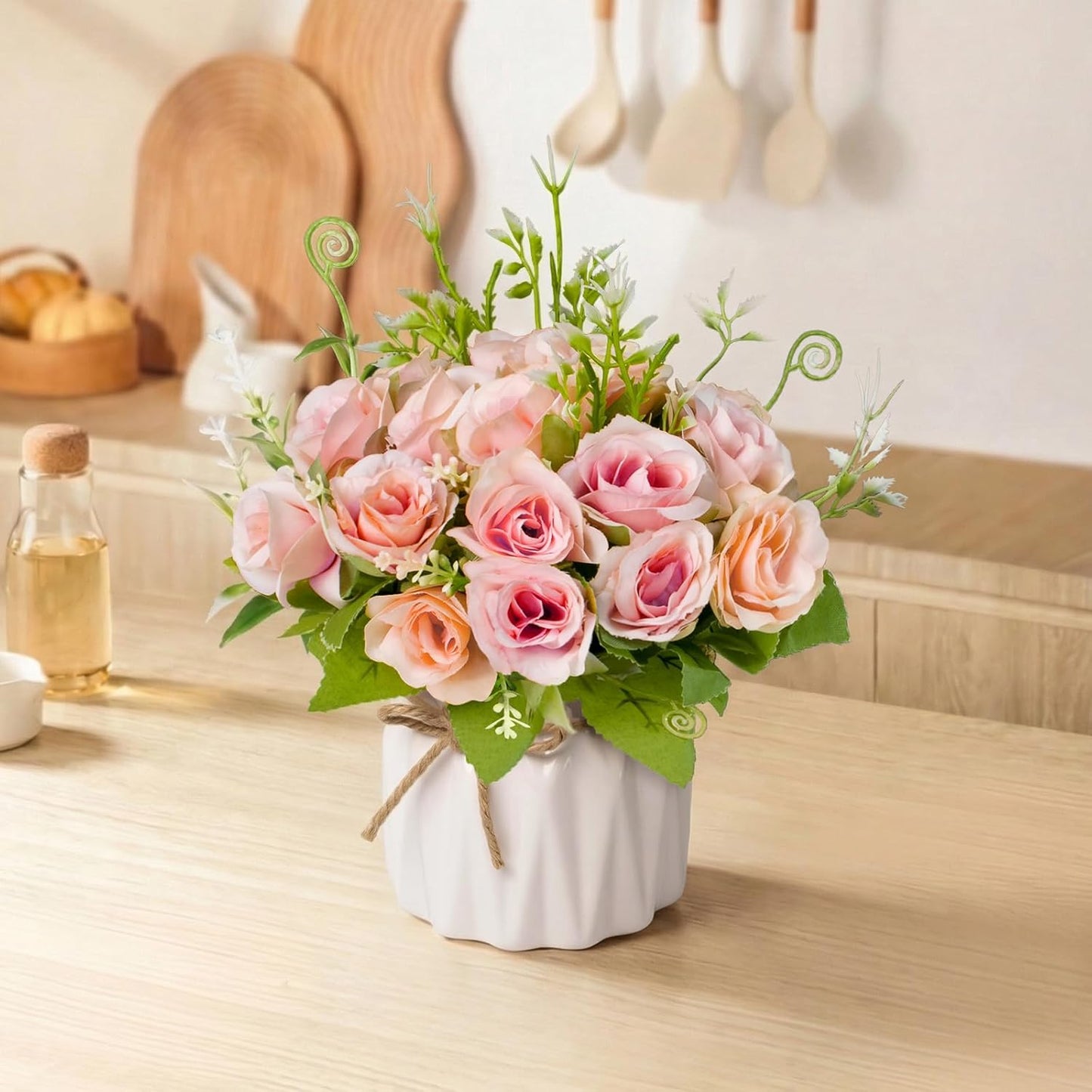 Pink Artificial Roses with Ceramic Vase, No Maintenance Fake Flowers for Table Decor, Realistic Silk Rose Bouquet for Home Office Wedding Gift