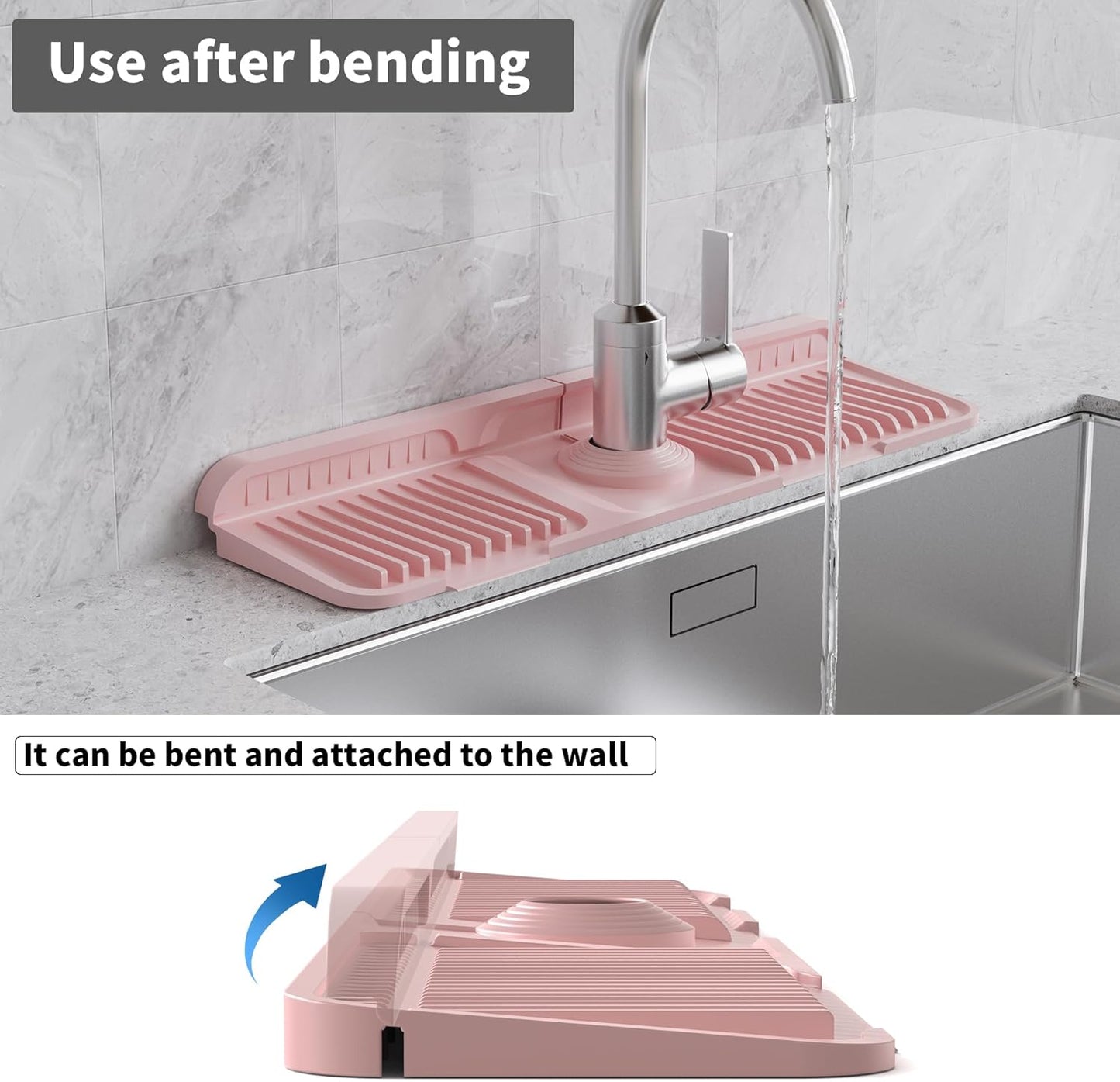 WAFT YEARN 17X5 Inch Silicone Durable Faucet Mat Kitchen Sink Splash Guard Draining Protector Tray Liner Absorbent Protective Counter Accessories For Sink Kitchen Bathroom Laundry Room Bar & RV Pink