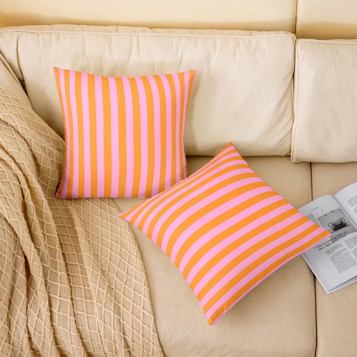 Feelyou Kids Pink Orange Throw Pillow Covers 24 x 24-Inch Set of 2 Abstract Decor Pillowcase for Boys Girls Teens Bedroom Decor Stripes Cushion Case Soft Microfiber Women Men Geometric Indoor Outdoor