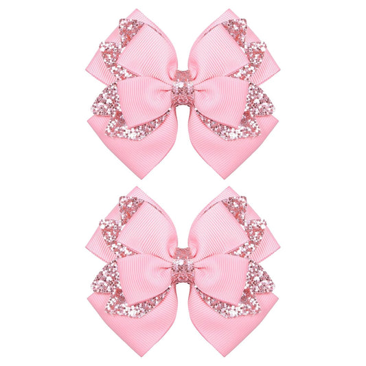 3.5 Inch Hair Bow Clips Handmade Grosgrain Ribbon Hairpins Sparkly Glitter Alligator Clip Hair Accessories for Girls, Pink